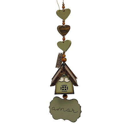 Pingente Decorativo de Madeira Casinha Verde Amor 39cm