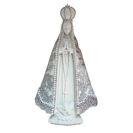 ESCULTURA NOSSA SRA APARECIDA COM RENDA TRABALHADA NA COR CINZA 32CM