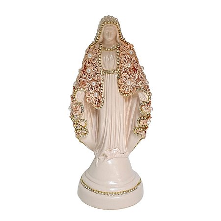 ESCULTURA NOSSA SRA DAS GRACAS COM MANTO DE APLIQUE DE CAFE 20CM