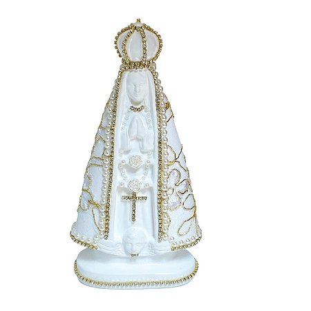 ESCULTURA NOSSA SRA APARECIDA BRANCA COM RENDA BORDADA EM DOURADA 20CM