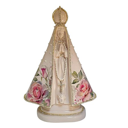 ESCULTURA NOSSA SRA APARECIDA DECOUPADA COM PEROLAS DE CAFÉ 28CM