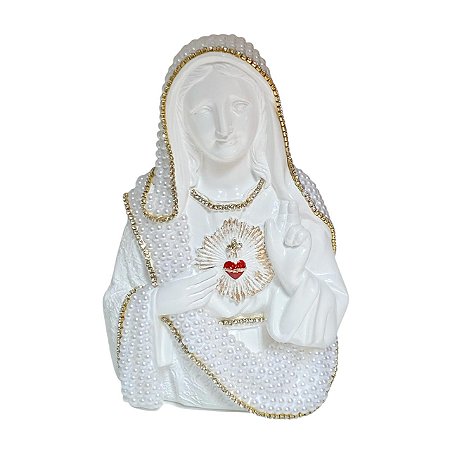 ESCULTURA SAGRADO CORACAO DE MARIA COM PEROLAS BRANCA 20CM