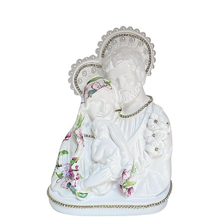 ESCULTURA BUSTO DA SAGRADA FAMILIA BRANCO DECOUPADO FLORAL 20CM