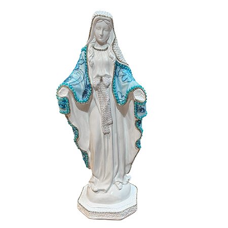 ESCULTURA NOSSA SRA DAS GRAÇAS COM RENDA AZUL CLARO 43CM