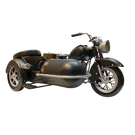 ESCULTURA MOTO MINIATURA SIDECAR EM METAL 18X37X23CM