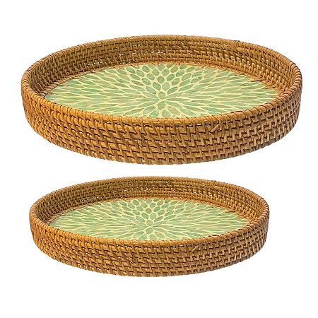 CONJ 02 BANDEJAS DECORATIVA RATTAN REDONDA BOHO