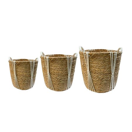 CONJ 03 CESTOS DECORATIVO EM PALHA JG COM CORDAO