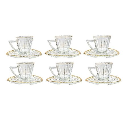 CONJ 06 XICARAS DE CAFE COM PIRES VIDRO FILETADO DOURADO
