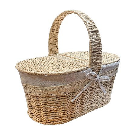 CESTA PICNIC OVAL COM TAMPA FORRADA EM TECIDO 35X40CM