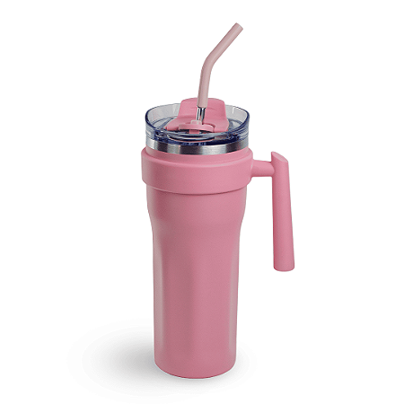 Caneca Termica com Alca Tampa e Canudo Inox Pink 1 2L