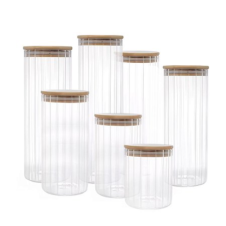 Kit Pote Porta Mantimento Vidro Canelado tampa de Bambu 7pçs