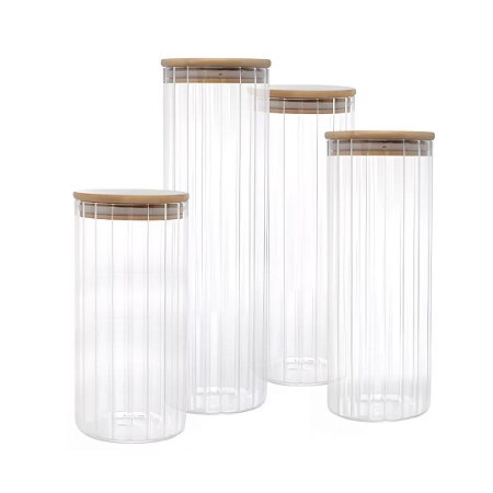Kit Pote Porta Mantimento Vidro Canelado tampa de Bambu 4pçs
