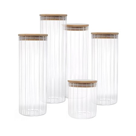 Kit 5 Potes Porta Mantimento Vidro Canelado tampa de Bambu
