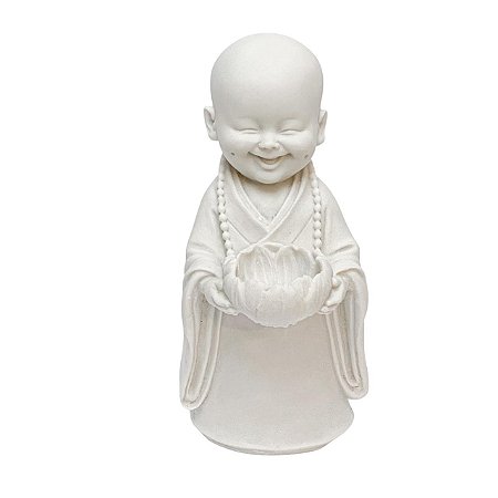 Escultura Monge Flor de Lotus M Branco em Po de Marmore 21cm