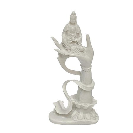 Escultura Kuan Yin na Mao Branco em Po de Marmore 17cm