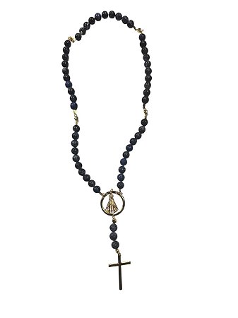 Terço Decorativo Pedras Naturais Azul e Medalha Nsa Senhora 55cm