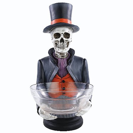 ENFEITE DE RESINA CAVEIRA COM CARTOLA E BOWL HALLOWEEN