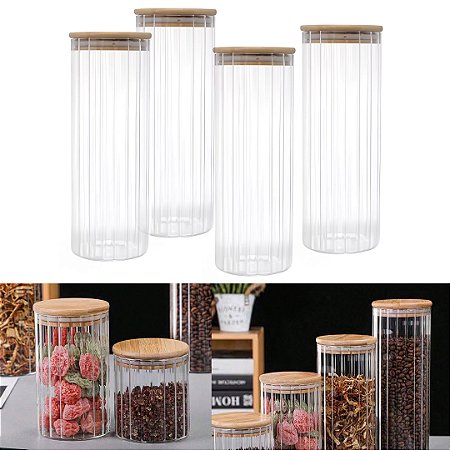 Kit 4 Potes Vidro Mantimento 1400 ML Canelado Tampa de Bambu
