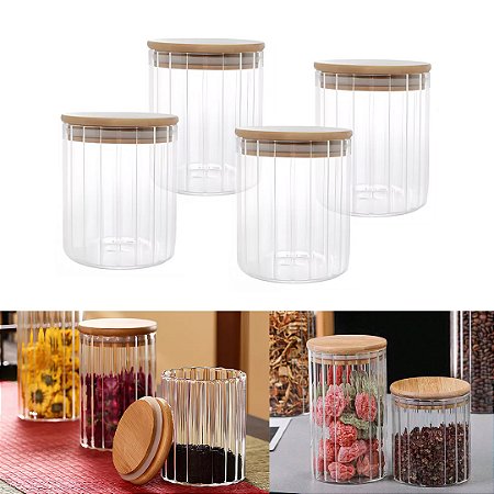 Kit 4 Pote de Vidro Mantimento 560 ML Canelado Tampa Bambu