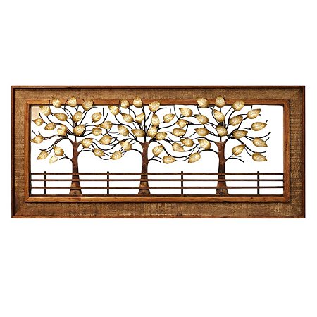 Quadro Trio Arvore da Vida Metal Creme c/ moldura em madeira