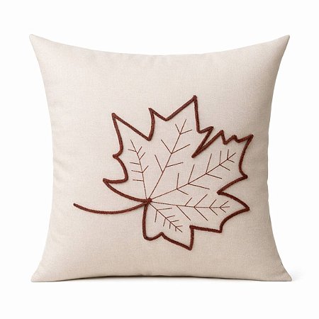 ALMOFADA BORDADA EM LINHO COM FOLHAS SECAS TERRACOTA 50X50