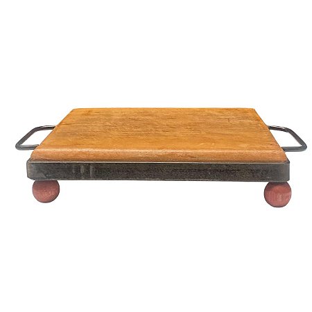 BANDEJA QUADRADA EM MADEIRA E FERRO PE EM MADEIRA 20x20cm