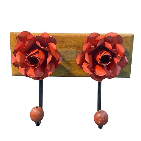 CABIDEIRO GANCHO 2 FLORES METAL VERMELHO EM MADEIRA PEROBA