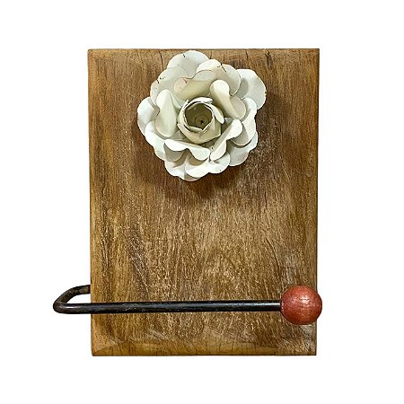 GANCHO RUSTICO MADEIRA DE PEROBA COM FLOR DE METAL BRANCA