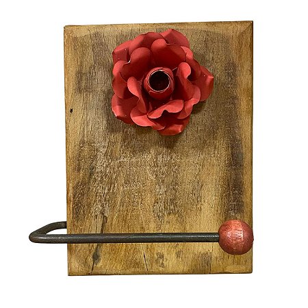 GANCHO RUSTICO MADEIRA DE PEROBA COM FLOR DE METAL VERMELHO
