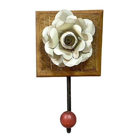 CABIDEIRO GANCHO 1 FLOR DE METAL BRANCA E MADEIRA PEROBA