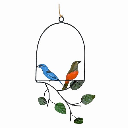 ESCULTURA DECOR CASAL PASSAROS COLOR EM MADEIRA E FERRO