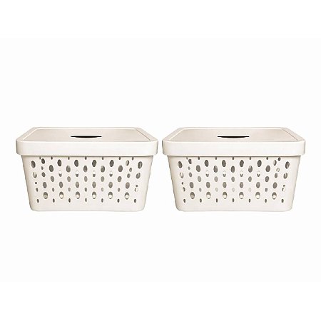 KIT 2 CESTOS ORGANIZADORES OFF WHITE COM TAMPA 17 LITROS