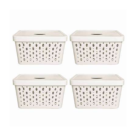 KIT 4 CESTOS ORGANIZADORES OFF WHITE COM TAMPA 17 LITROS
