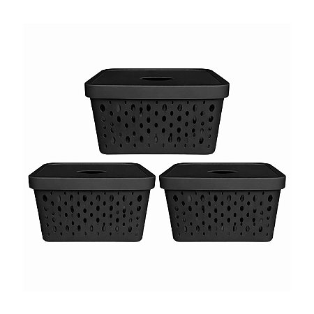 KIT 3 CESTOS ORGANIZADORES PRETO COM TAMPA 17 LITROS