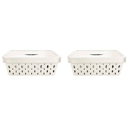 KIT 2 CESTOS ORGANIZADORES OFF WHITE COM TAMPA 11 LITROS