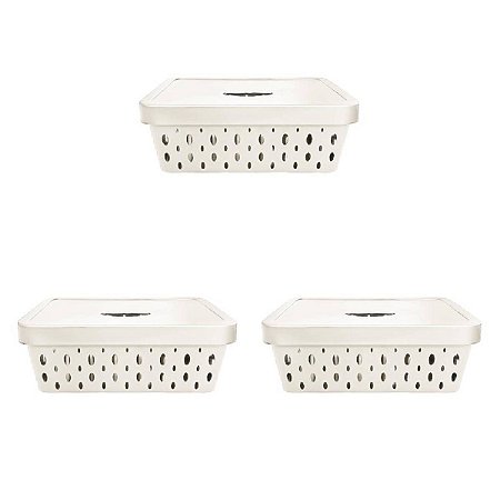KIT 3 CESTOS ORGANIZADORES OFF WHITE COM TAMPA 11 LITROS
