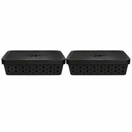 KIT 2 CESTOS ORGANIZADORES PRETO COM TAMPA 11 LITROS