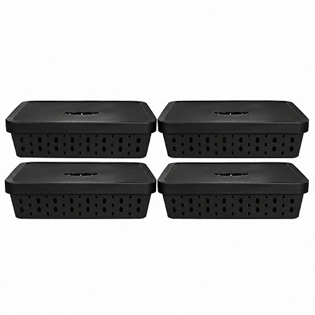 KIT 4 CESTOS ORGANIZADORES PRETO COM TAMPA 11 LITROS