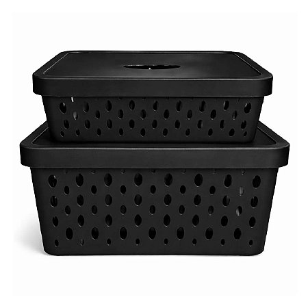 KIT 2 CAIXAS ORGANIZADORAS PRETAS COM TAMPAS 11 E 17 LITROS