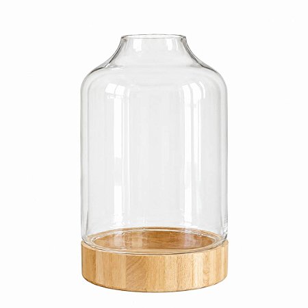 VASO DE VIDRO COM MADEIRA TRANSPARENTE E NATURAL 41cm