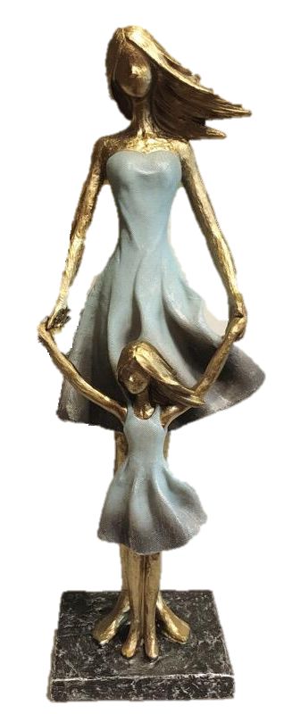 Mulher e Filha Decorativa em Resina Azul e Dourado