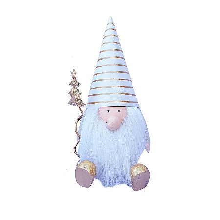 PAPAI NOEL G  SENTADO BRANCO/OURO C/ ARVORE EM METAL
