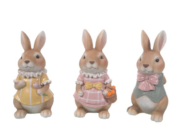 ESCULTURA TRIO DE COELHOS IRMAOS COLORIDOS EM RESINA