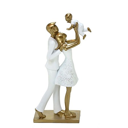 ESCULTURA EM RESINA FAMILIA DECORATIVA BRANCO E DOURADO
