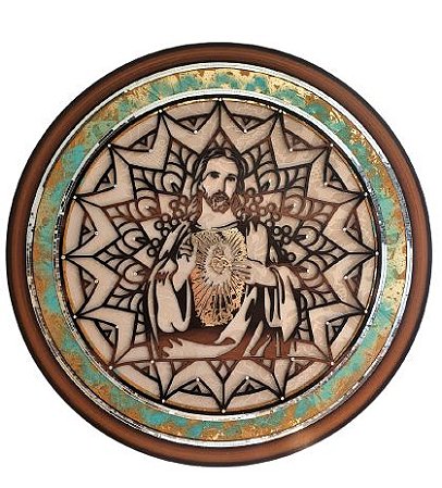 MANDALA SAGRADO CORAÇAO DE JESUS DECOR EM MADEIRA 80CM