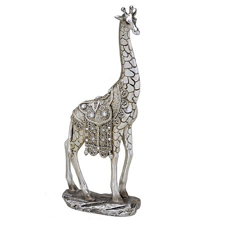 ESCULTURA GIRAFA DECORATIVA PRATA EM RESINA