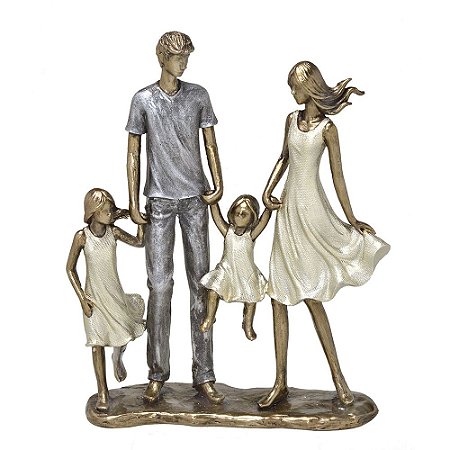ESCULTURA FAMILIA DECORATIVA COM DUAS MENINAS EM RESINA