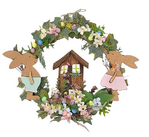 GUIRLANDA DE PASCOA COM CASAL DE COELHOS EM MADEIRA