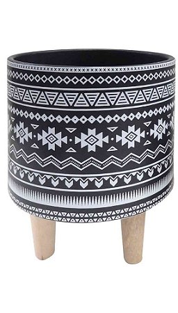 CACHEPOT CERAMICA PRETO E BRANCO ETNICO PE DE MADEIRA P