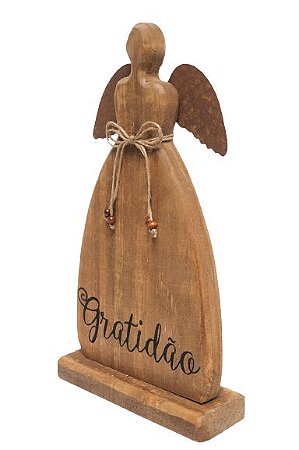 Anjo Decorativo em Madeira e Metal com escrita Gratidao